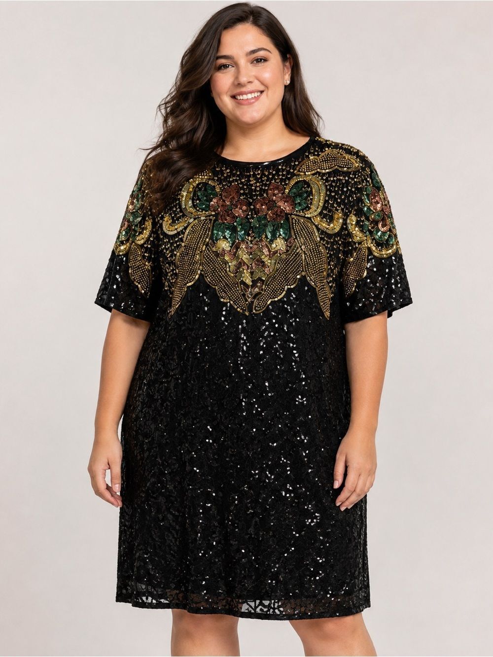 Vintage JAKELIN Designs 100Silk Beaded Sequin Evening Dress Black Gold Floral 2X